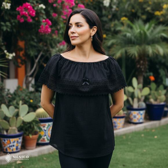 Black Mexican Blouse with Lace Trim – Lightweight Chiffon-Style Top for Women - Picture 2 of 4